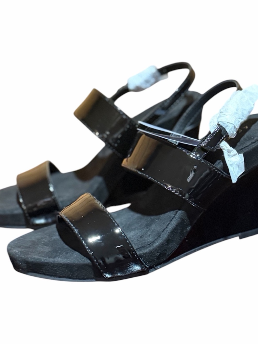 AEROSOLES Black Glossy Patent Two-Strap Slingback Wedge Sandals size 6.5 M